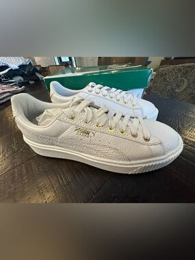 Puma White Leather Sneakers with Gold Accents